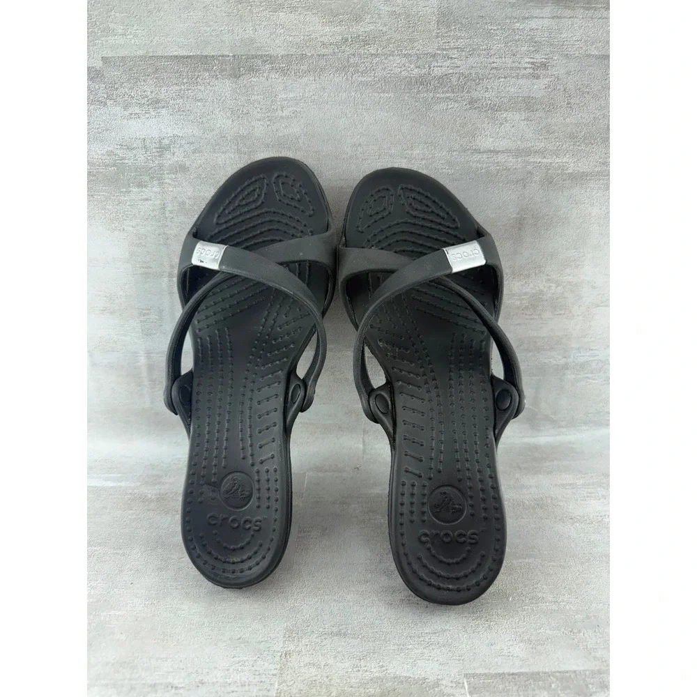 Crocs Cyprus II Black Strappy High Heel Sandals Women Size 8 Slip On Comfort